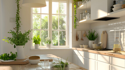 A kitchen with a window and a potted plant. The kitchen is clean and well-organized