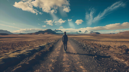 A man is walking down a dirt road in a desert. The sky is cloudy and the sun is shining. The man is alone and the landscape is barren - Powered by Adobe