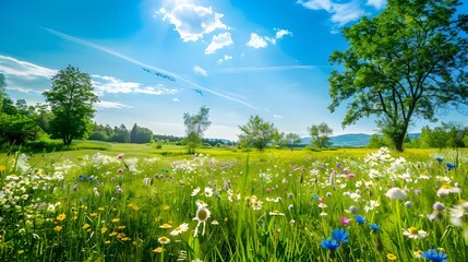 Beautiful meadow field with fresh grass and yellow dandelion flowers in nature against a blurry blue sky with clouds. Summer spring perfect natural landscape spring backgrounds AI generated  - obrazy, fototapety, plakaty