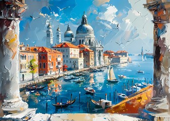 European marina and pier  landscape  oil painting,  home decor wall art, digital art print - obrazy, fototapety, plakaty