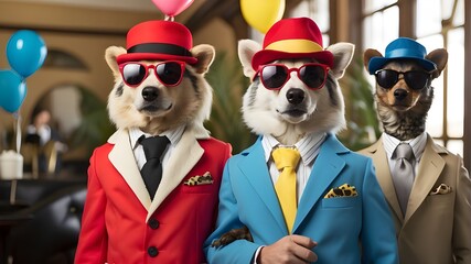 Stylish Suits and Silly Shades,  The Comical World of Animal Fashion, Funny Animals in Fashion, The Dapper Animals Collection, Trendy Animals in Sunglasses and Suits, Chic, Dapper, Suave, Stylish - obrazy, fototapety, plakaty