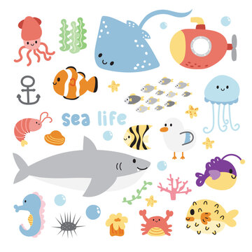 Set of cute sea life animals character cartoon design.Submarine.Shark,stingray,jellyfish,sea horse,puffer fish hand drawn collection.Marine.Under the water.Kawaii.Vector.Illustration.
