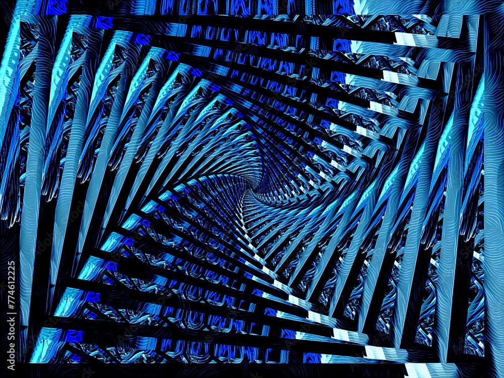 Poster turquoise grey and blue pattern around a vanishing point on a dark background in a square format rot