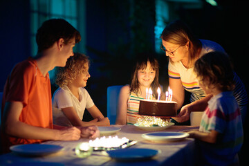 Fototapeta premium Child birthday party cake. Family with kids.