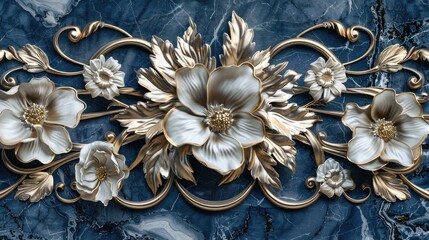 Elegant Metallic Floral Decoration on Textured Blue Background