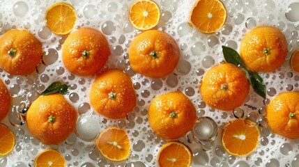   Oranges arranged on a dampened table, surrounded by fallen leaves