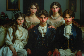 Obraz premium Siblings in Victorian Attire with an Intense Gaze