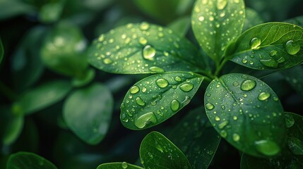 Fresh Green Leaves with Dew Drops Close-Up - obrazy, fototapety, plakaty
