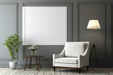White frame adding elegance to plain living room wall with armchair, table, lamp.