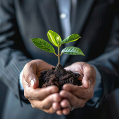 A man is holding a small plant in his hands. The plant is green and he is a seedling. The man is wearing a suit and tie, which gives the image a professional and formal feel