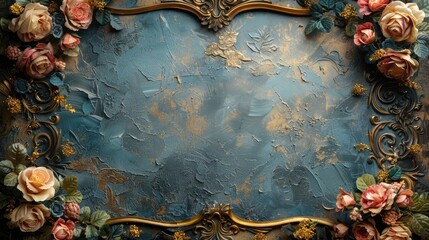 Golden Baroque Frame with Roses on Marble Background. - obrazy, fototapety, plakaty