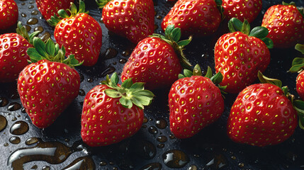   A close-up of strawberries on a table with droplets of water beneath