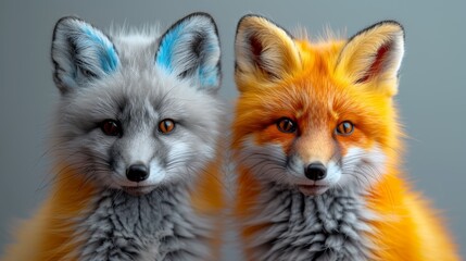   Foxes in profile against gray background with blue-striped ears