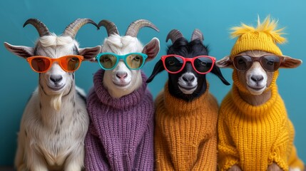   Three goats wearing sweaters, sunglasses, and face masks