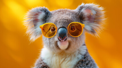   A close-up of a koala wearing yellow sunglasses against a yellow background