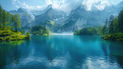 Lake in the mountains. Created with Ai