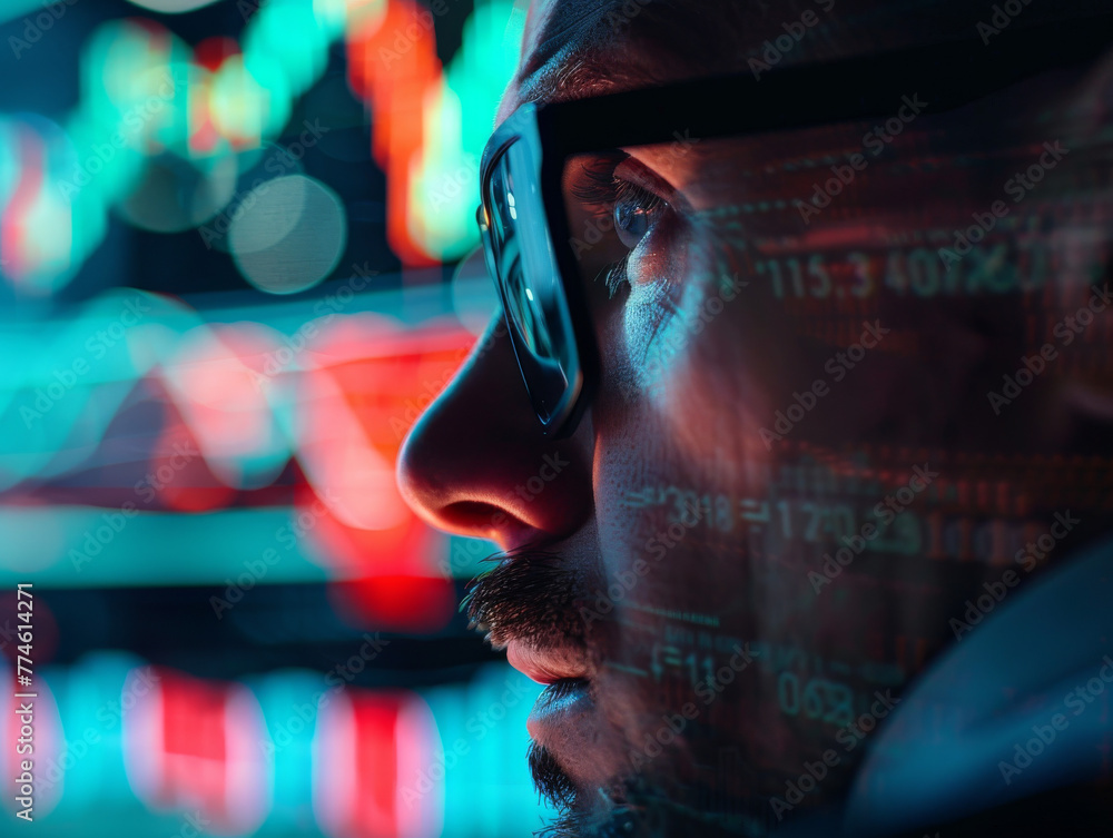 Poster a man wearing glasses is looking at a computer screen with a lot of numbers and symbols. concept of 
