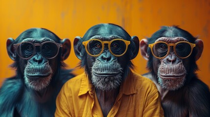   Three monkeys in yellow sunglasses with a man in a yellow shirt, a yellow shirt in the background, and a yellow wall behind them