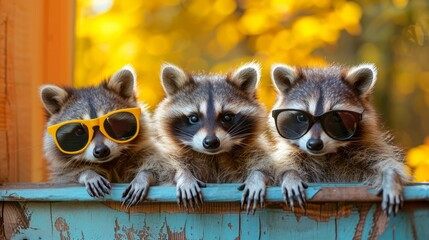  Three raccoons wearing sunglasses sit in a blue tub beneath a yellow-green tree