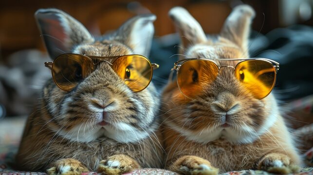   Two rabbits with sunglasses lounge together on a bed against a black backdrop and wall