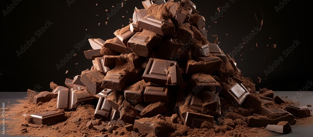 Poster a close-up view showing a tempting assortment of chocolate pieces placed on a wooden table, creating