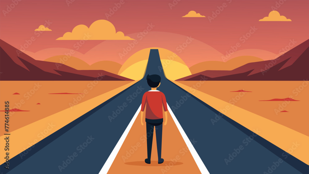 Poster a person standing in front of a wide open road with a sense of determination and hope for the future