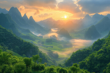 Sunset in the mountains, Beautful landscape of mountains. Created with Ai