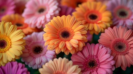   A macro shot of several vibrant blooms - pink, orange, yellow, and white - with a dark core