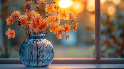   A vase brimming with blooms perched atop a window ledge under radiant sunlight streaming from behind - obrazy, fototapety, plakaty
