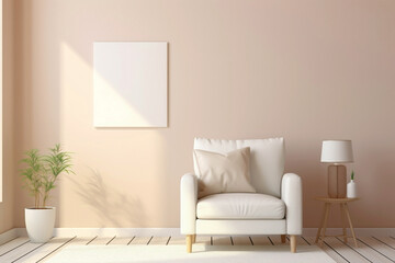 Visualize the simplicity of a single sofa in beige and Scandinavian style, with a white blank empty frame for copy text, against a soft color wall background.