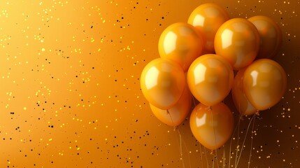   Orange balloons float atop yellow wall with confetti
