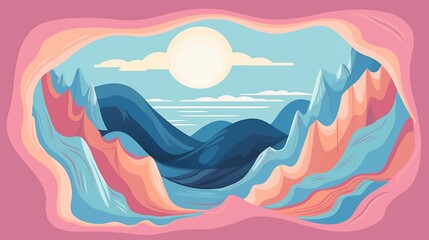 An abstract scene featuring a distorted and surreal mountain range with a gaping hole in the sky,cute, elegant, fantasy, sharpen, graphic design, illustration