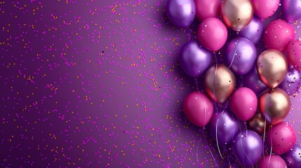   A group of balloons floating against a purple backdrop with gold and pink confetti scattered around them
