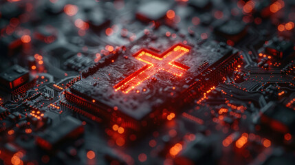 A microchip board displaying a glowing red Jesus cross symbol. - obrazy, fototapety, plakaty