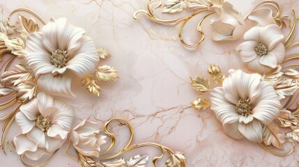 Elegant Gold and White Floral Decoration on Pink Marble