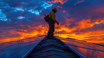 A technician inspecting solar panels on a house's roof.