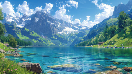 Lake in the mountains, Beautiful landscape. Created with Ai - obrazy, fototapety, plakaty