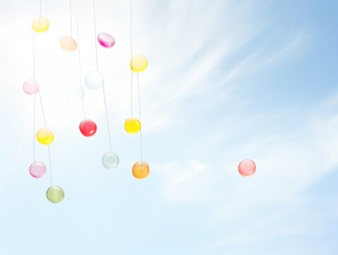 Sky showers of vibrant candies descending like rain,photograph, realistic, isolated, fantasy, cute