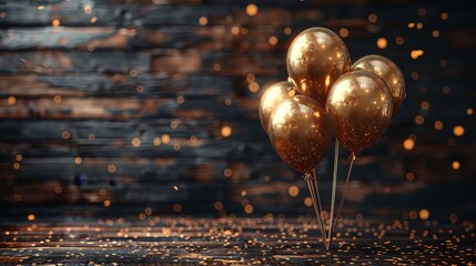   A group of golden balloons is positioned atop a wooden table near a wall adorned with gold confetti