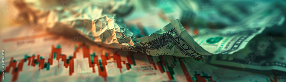 Aufkleber a piece of paper with a dollar bill on it and a graph with red lines. the dollar bill is crumpled an