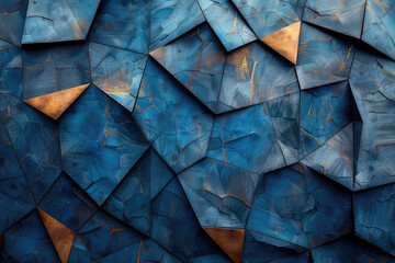 Abstract blue and copper geometric background with 3D shapes, modern wallpaper design for wall in the dark blue color with texture of stone or marble. Created with Ai - obrazy, fototapety, plakaty