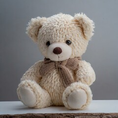 teddy bear with a toy.A cute and cuddly woolen teddy bear toy in a minimalist style, featuring a soft and huggable design with no unnecessary embellishments, embodying simplicity and charm in its unde