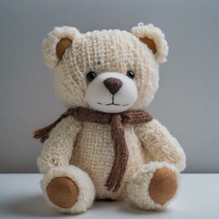 A cute and cuddly woolen teddy bear toy in a minimalist style, featuring a soft and huggable design with no unnecessary embellishments, embodying simplicity and charm in its understated elegance.