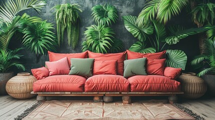   A red couch rests atop wooden planks amidst palm trees and potted greenery against the wall
