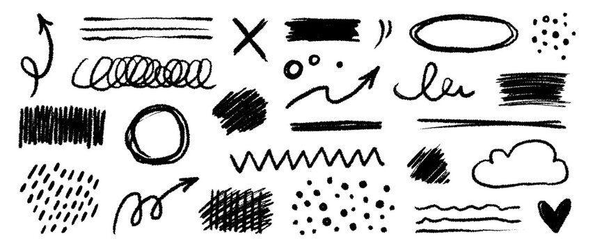 Chalk color pencil texture brush dot stroke vector element. Children crayon color brush stroke texture arrow, circle, underline shape. Hand drawn childish chalk pencil scribble. Vector illustration