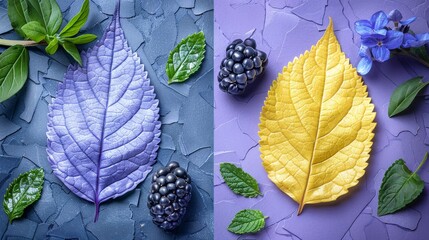   Two images of leaves, berries and flowers on a purple and blue background with one having a yellow leaf and the other with a blue flower