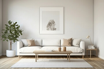 Visualize the harmony of a clean, white frame juxtaposed against beige and Scandinavian accents on a wall, offering a glimpse into a contemporary living room with plain wall.