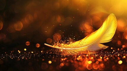 A glowing yellow feather resting on a reflective surface against a dark background