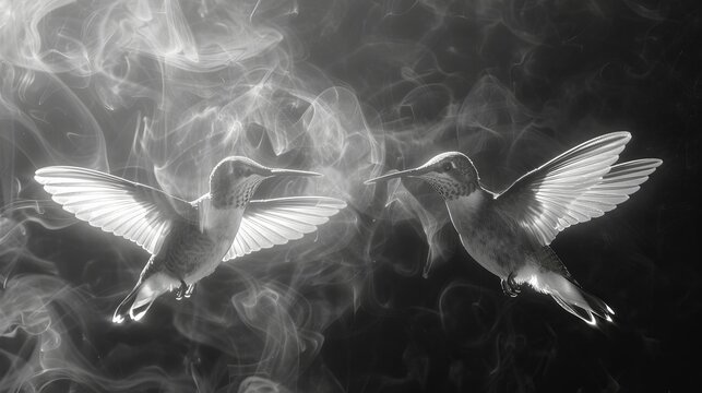   Black and white pic of two hummingbirds midflight, wings emitting smoke