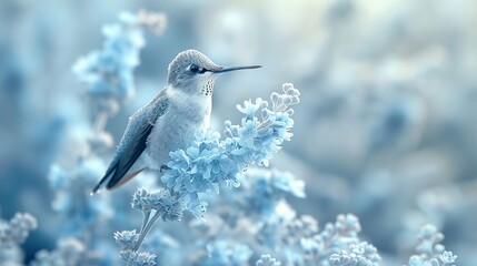 Fototapeta premium A bird perched on a blue-and-white branch amidst white blooms against a backdrop of blue and white